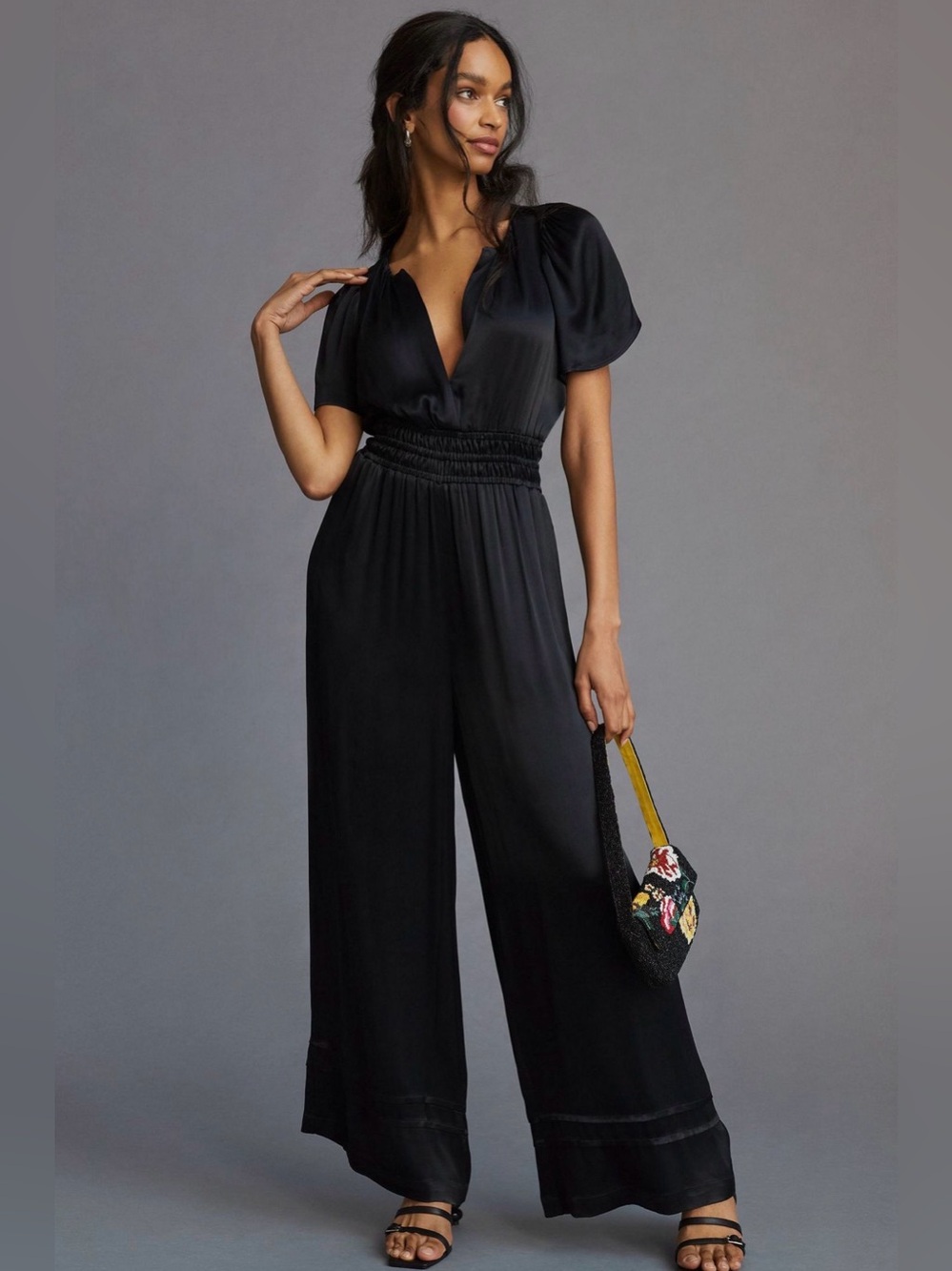 Anthropologie Somerset Black Satin Wide Leg Jumpsuit Small Viscose Smocked